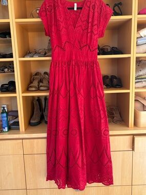 Women's Red Eyelet Cotton Midi Dress with V-Neck